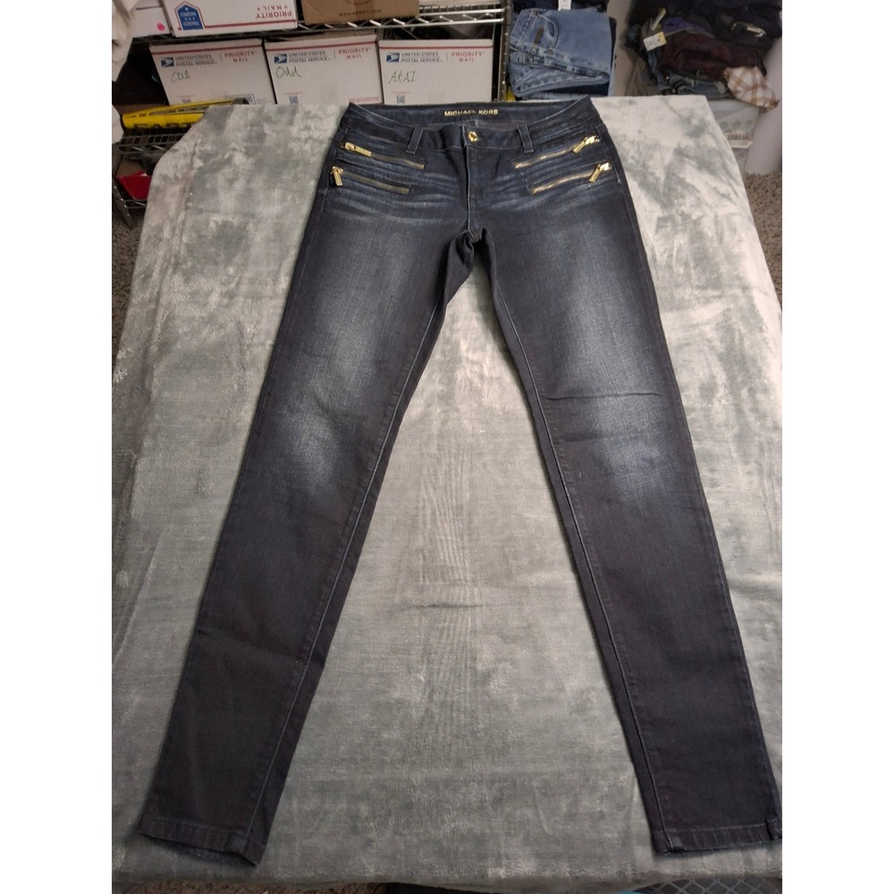 Michael Kors Womens Skinny Jeans Dark Wash Gold Zipper Detail Denim Blue Size 4 - Picture 1 of 16